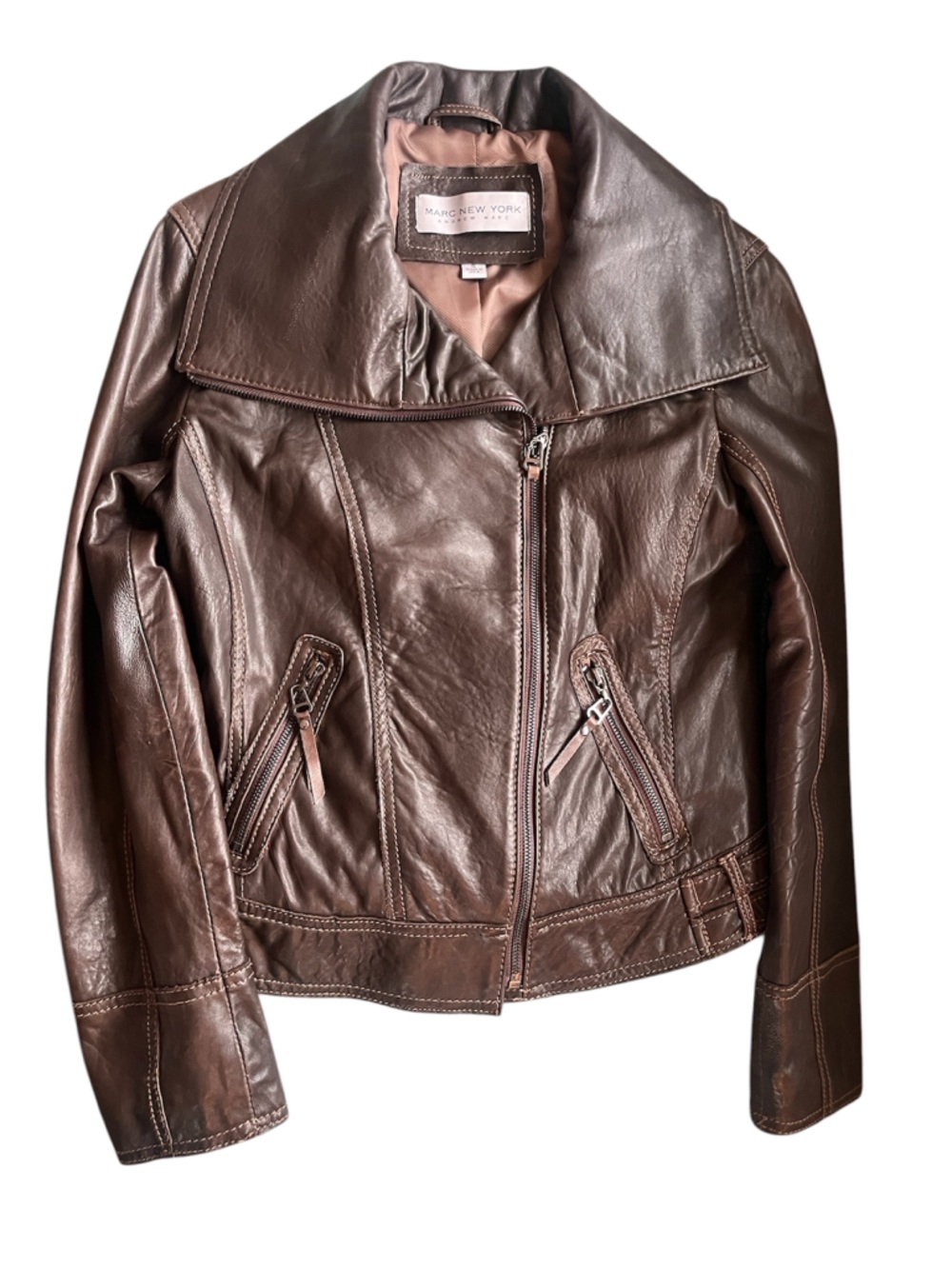 Marc New York Brown Leather Asymmetrical Zip Jacket